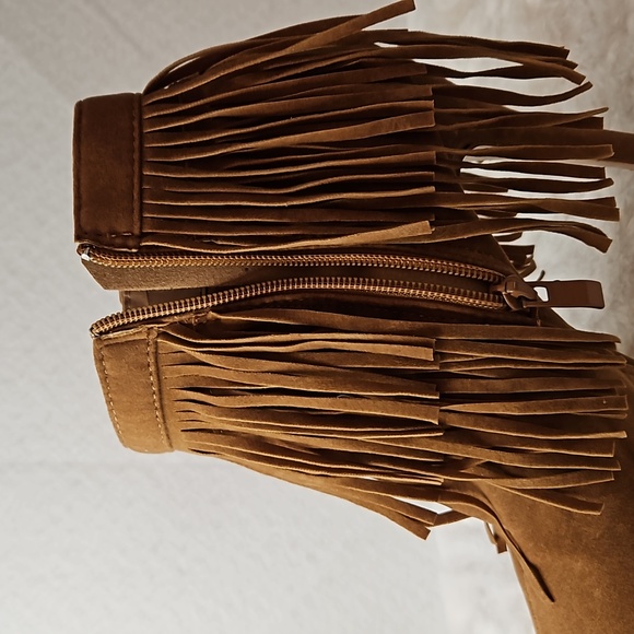 Women brown 4" ankle high heels booties boots with fringe. - Picture 4 of 6